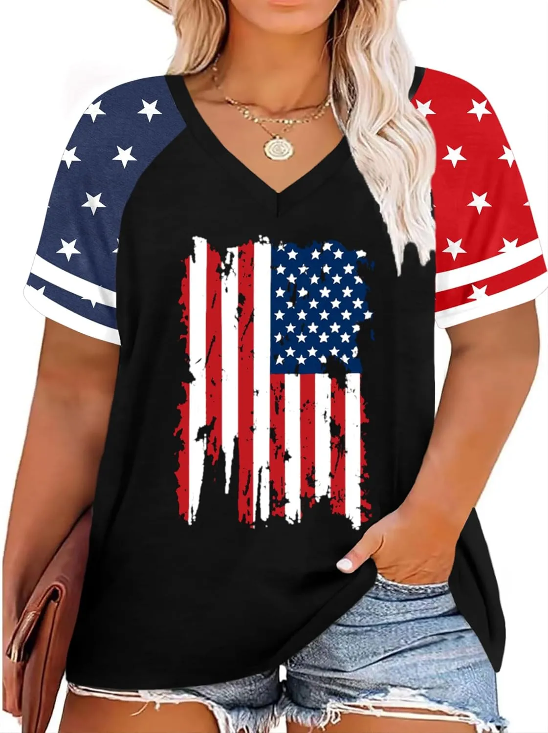 Plus Size Tops American Flag Shirts Womens V Neck Patriotic Tshirt USA Graphic Tee 4th of July T-Shirt
