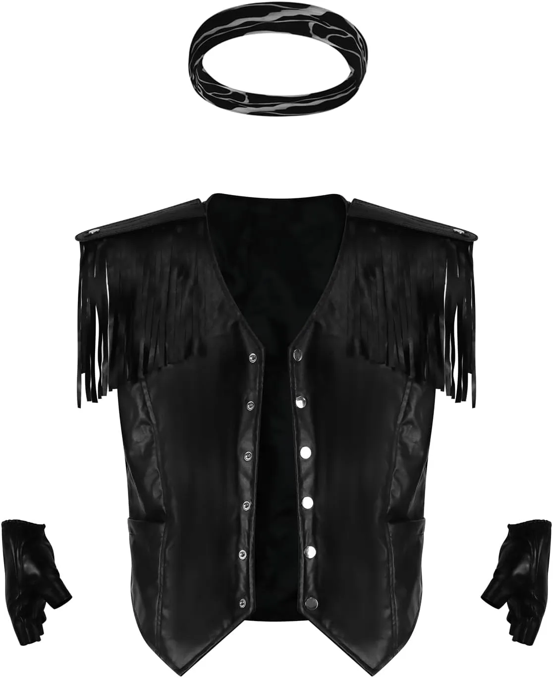Poboola Fringe Vest Costume Fringe Top For Men Leather Black 80s Disco Hippie Sleeveless Open Front Jacket Halloween Cosplay