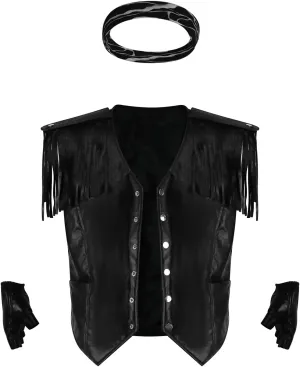 Poboola Fringe Vest Costume Fringe Top For Men Leather Black 80s Disco Hippie Sleeveless Open Front Jacket Halloween Cosplay