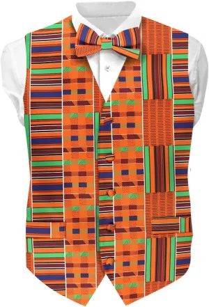 Premium Mens Vest & Bow Tie 2PC Set - African Kente & Animal Print Vest Set