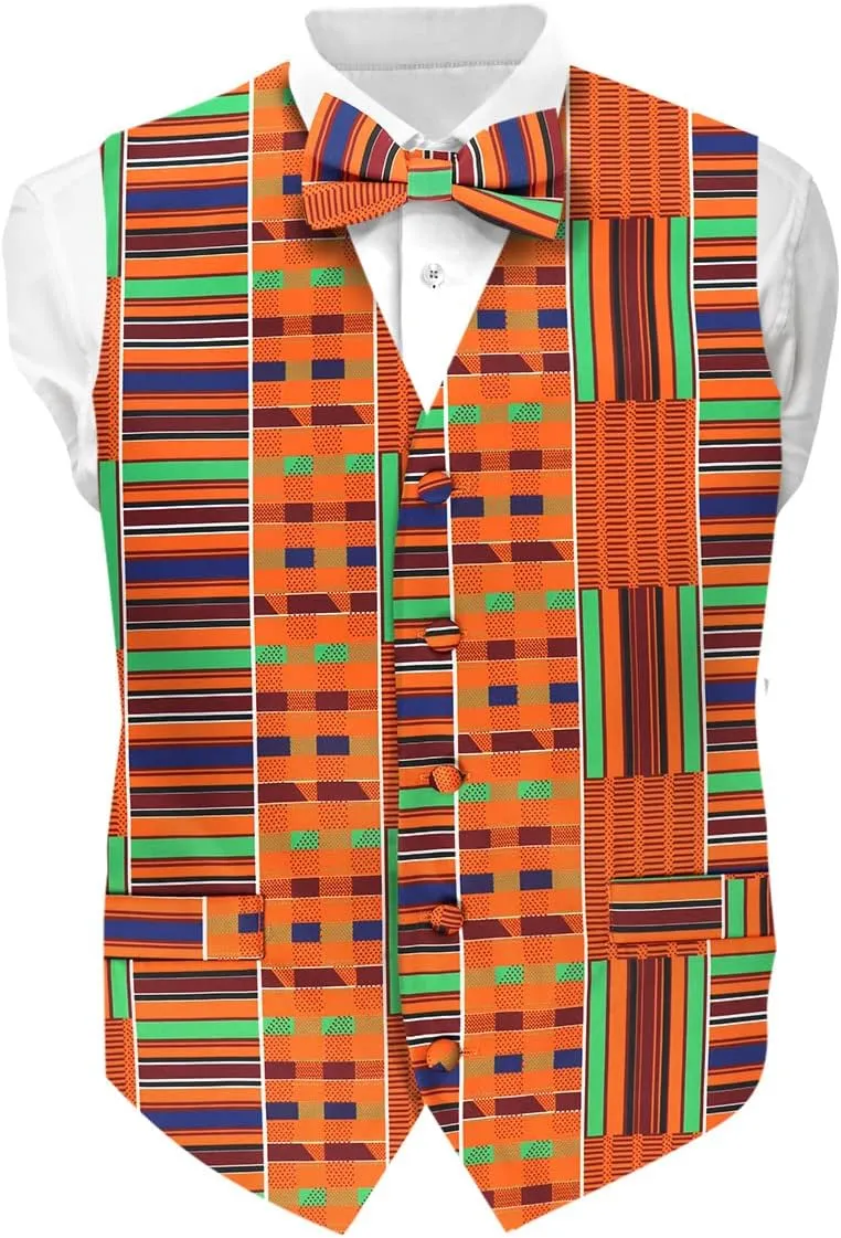 Premium Mens Vest & Bow Tie 2PC Set - African Kente & Animal Print Vest Set