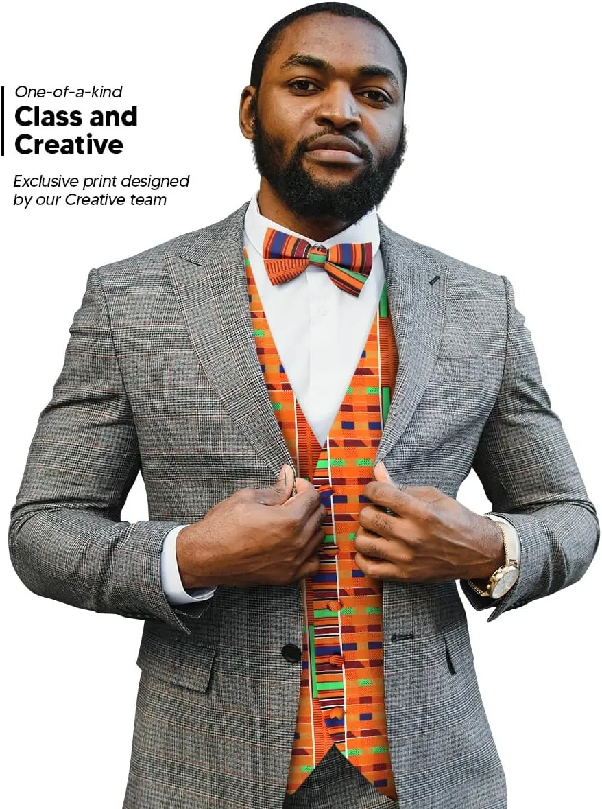 Premium Mens Vest & Bow Tie 2PC Set - African Kente & Animal Print Vest Set