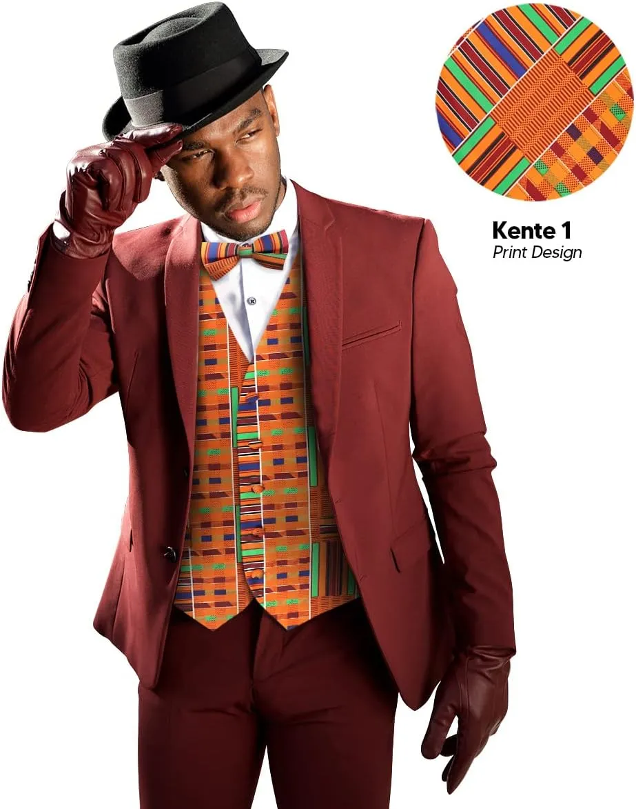 Premium Mens Vest & Bow Tie 2PC Set - African Kente & Animal Print Vest Set