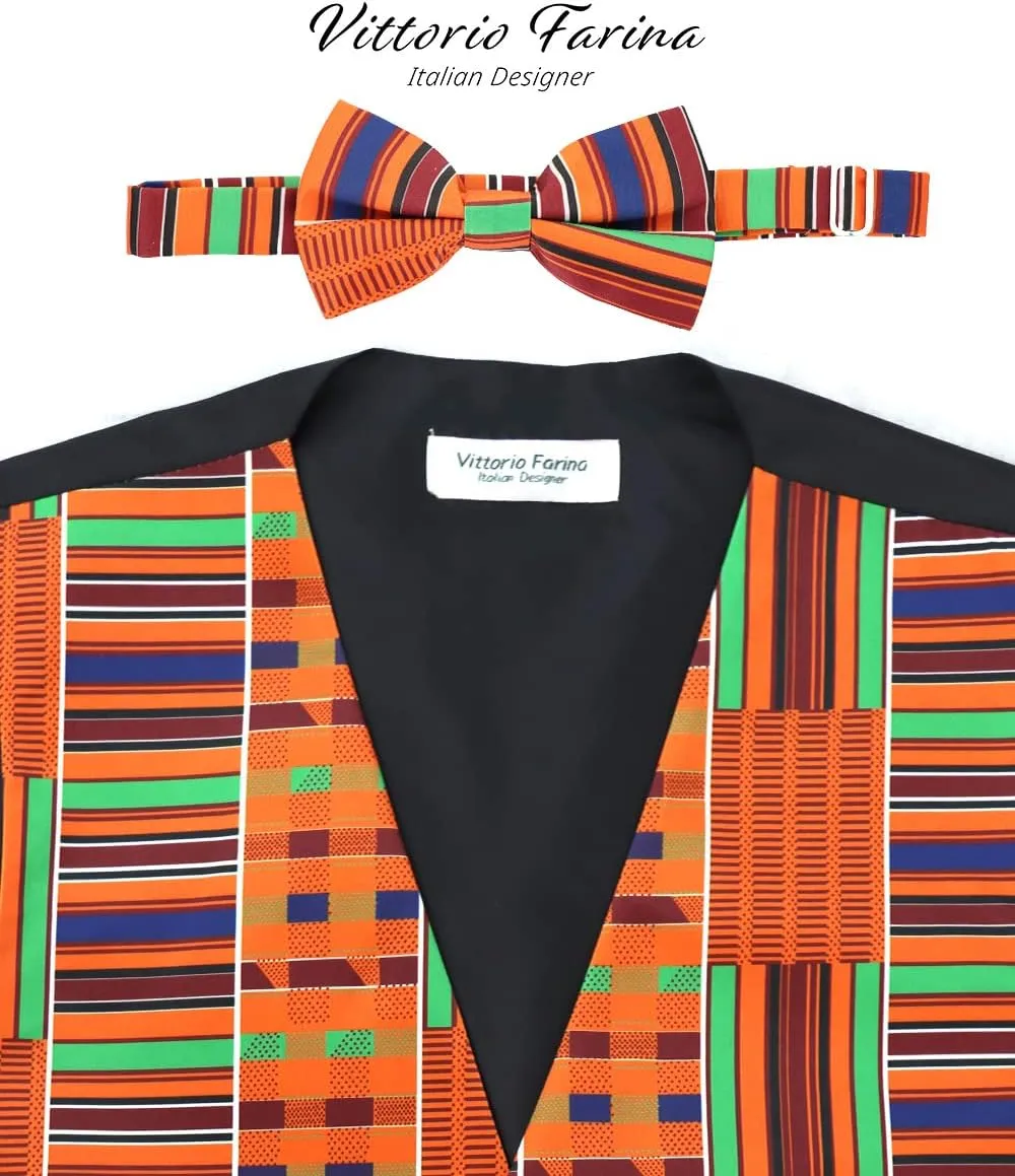 Premium Mens Vest & Bow Tie 2PC Set - African Kente & Animal Print Vest Set