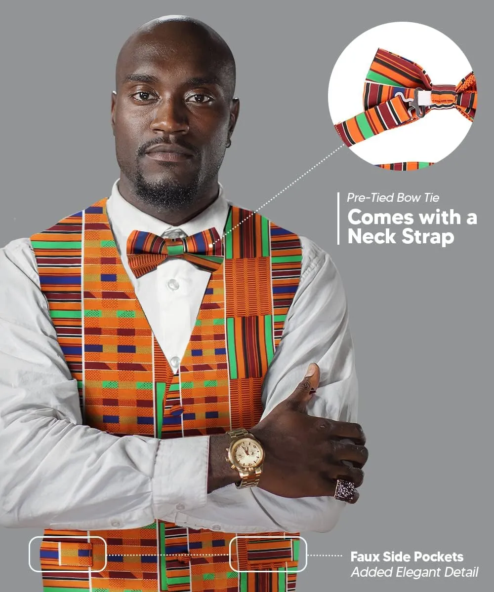 Premium Mens Vest & Bow Tie 2PC Set - African Kente & Animal Print Vest Set