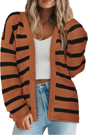 PRETTYGARDEN Women's 2024 Fall Striped Open Front Cardigan Sweaters Chunky Knit Long Sleeve Loose Trendy Winter Cardigans