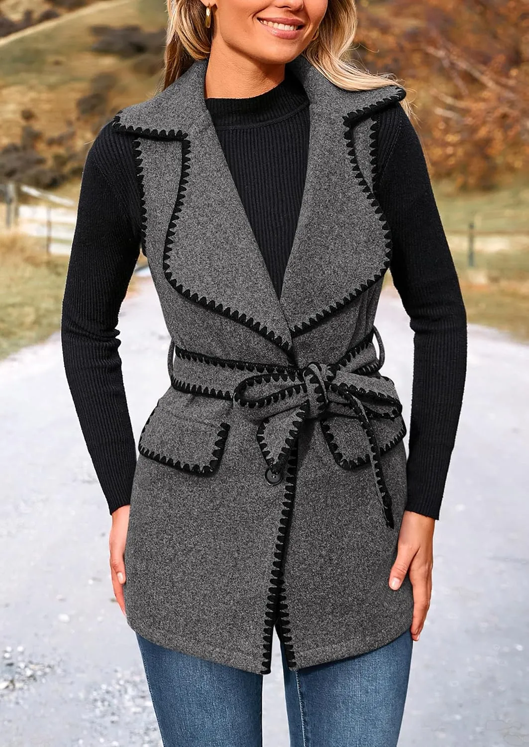 PRETTYGARDEN Women's 2025 Tweed Vest Jackets Sleeveless Lapel Button Front Belt Color Block Winter Cardigan Outerwear
