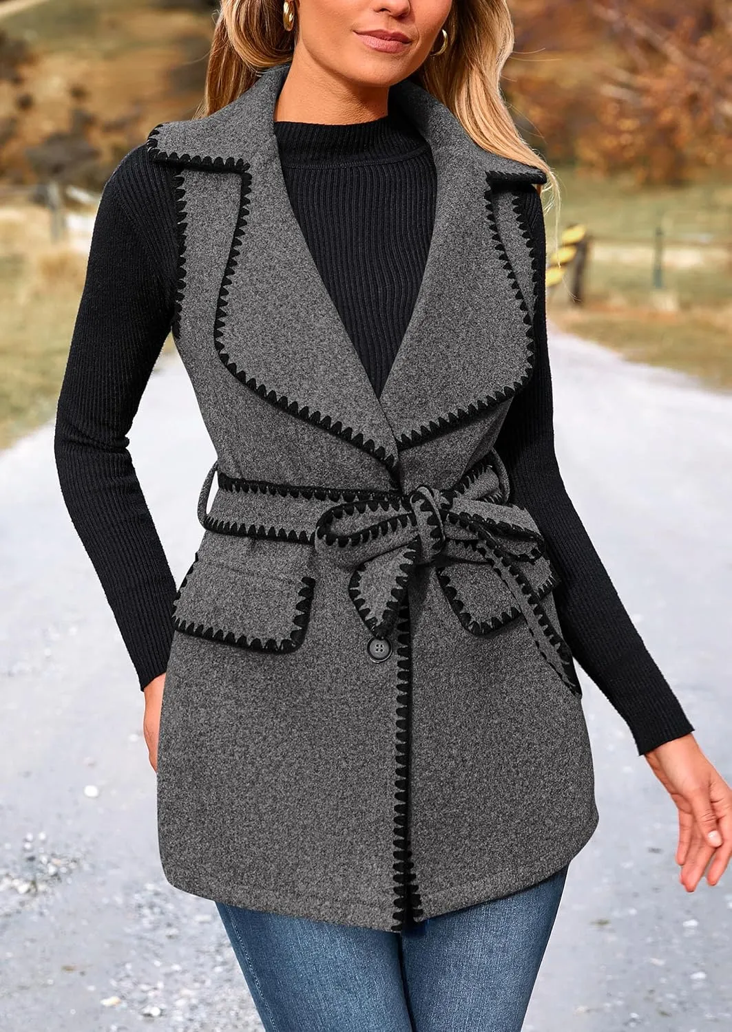 PRETTYGARDEN Women's 2025 Tweed Vest Jackets Sleeveless Lapel Button Front Belt Color Block Winter Cardigan Outerwear