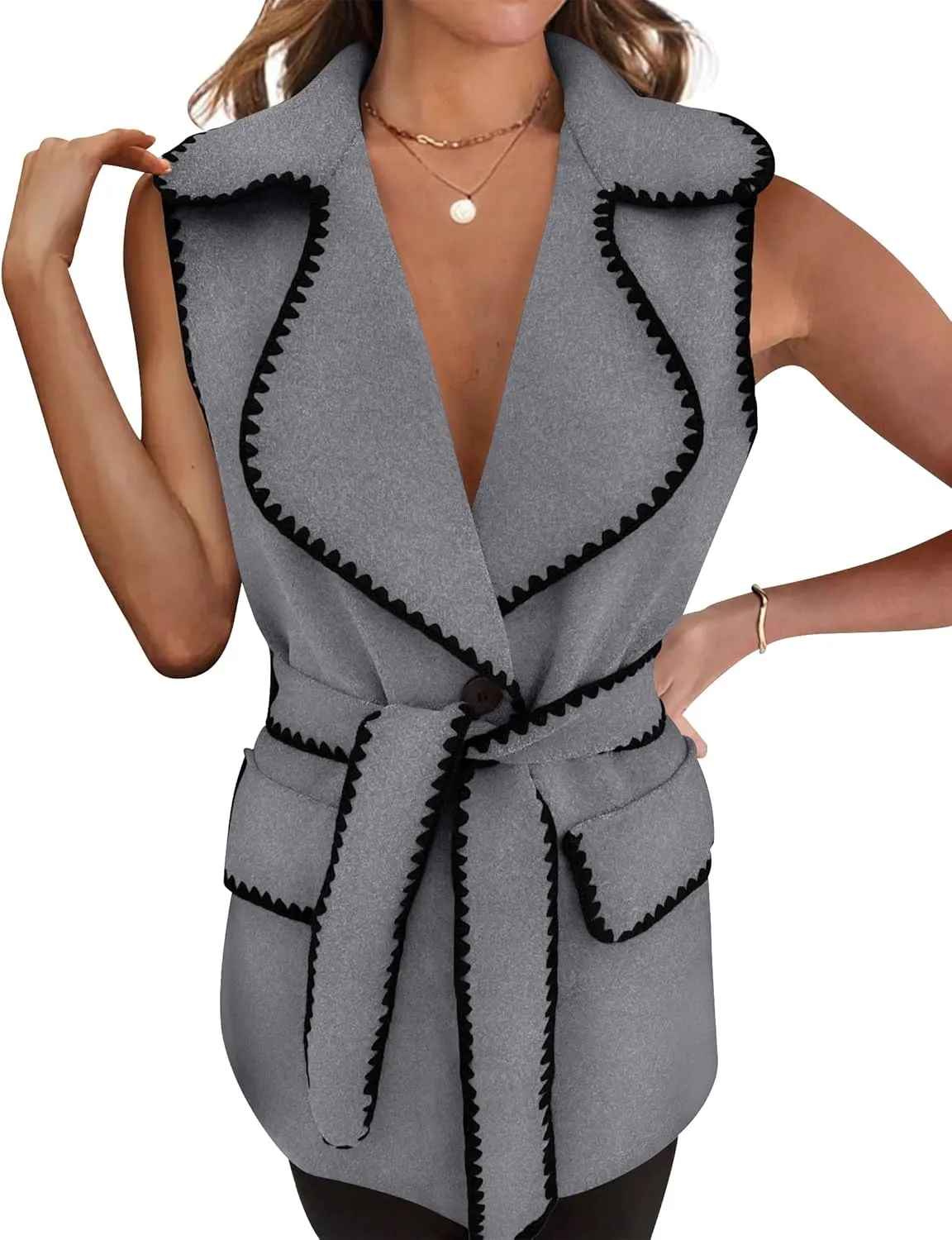PRETTYGARDEN Women's 2025 Tweed Vest Jackets Sleeveless Lapel Button Front Belt Color Block Winter Cardigan Outerwear