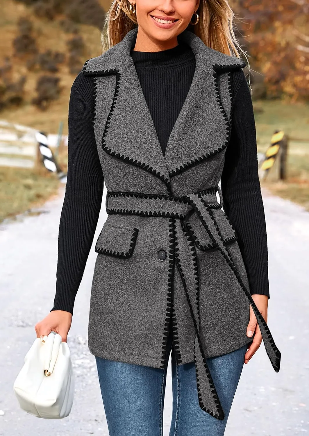 PRETTYGARDEN Women's 2025 Tweed Vest Jackets Sleeveless Lapel Button Front Belt Color Block Winter Cardigan Outerwear