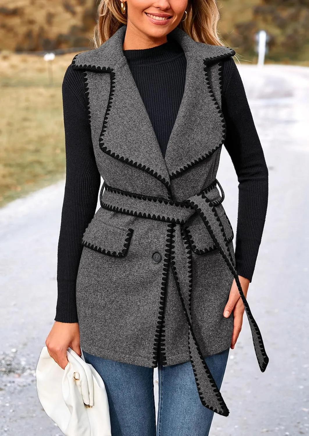 PRETTYGARDEN Women's 2025 Tweed Vest Jackets Sleeveless Lapel Button Front Belt Color Block Winter Cardigan Outerwear