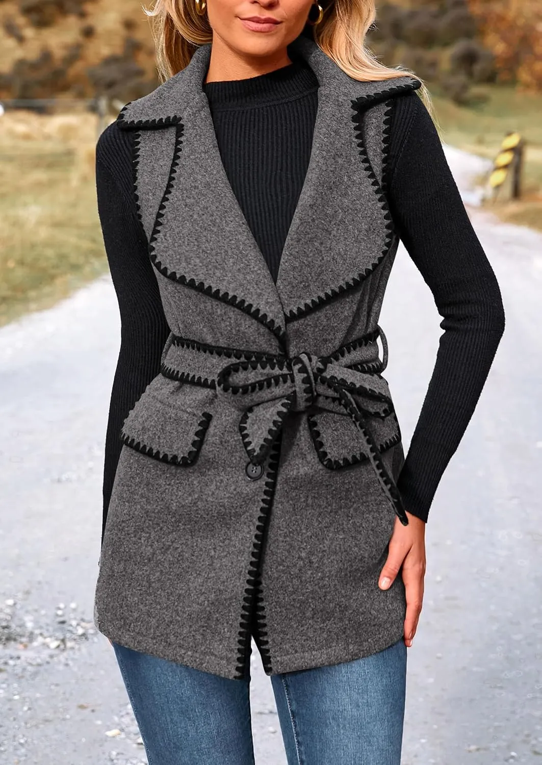 PRETTYGARDEN Women's 2025 Tweed Vest Jackets Sleeveless Lapel Button Front Belt Color Block Winter Cardigan Outerwear