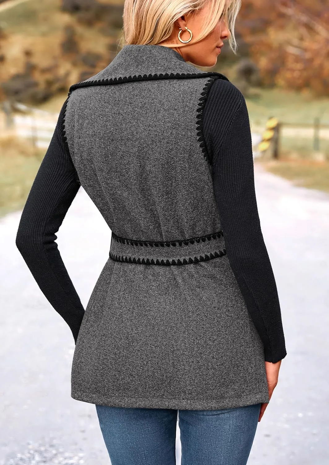 PRETTYGARDEN Women's 2025 Tweed Vest Jackets Sleeveless Lapel Button Front Belt Color Block Winter Cardigan Outerwear
