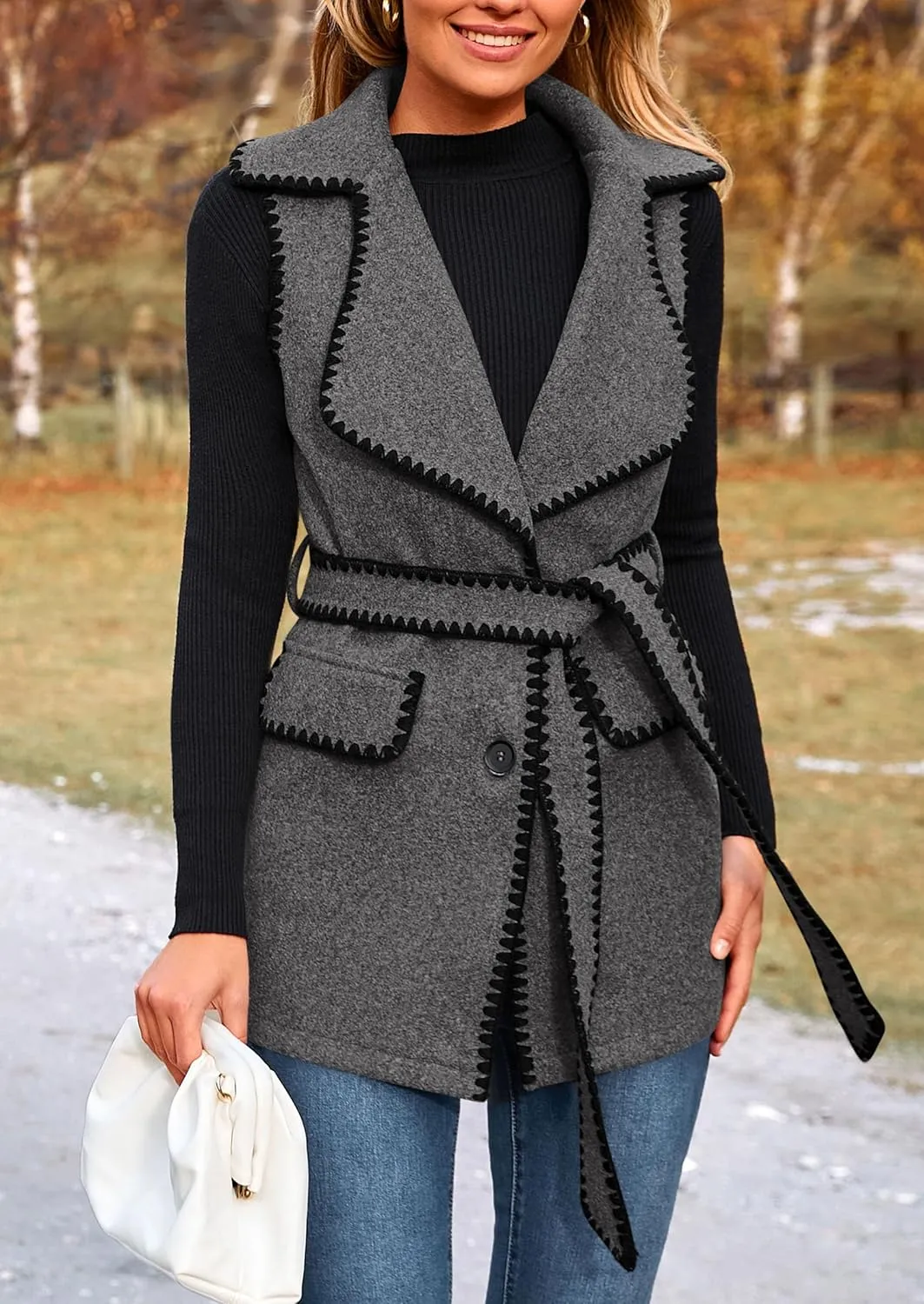 PRETTYGARDEN Women's 2025 Tweed Vest Jackets Sleeveless Lapel Button Front Belt Color Block Winter Cardigan Outerwear