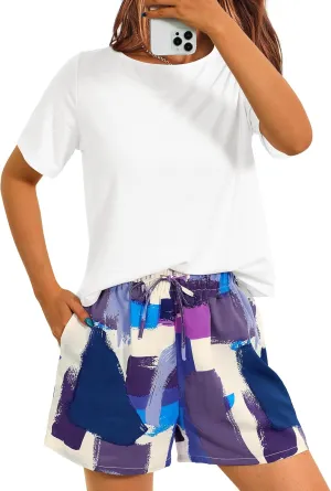 PRETTYGARDEN Women's Summer 2 Piece Outfits Lounge Sets Short Sleeve Tee Shirts Tops Blouses Pockets Printed Shorts Tracksuit
