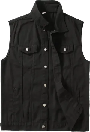 PRIJOUHE Men's Denim Vest Jean Vest Black Denim Motorcycle Black Blue Biker Plus Size Sleeveless
