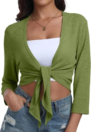 PrinStory Women's Tie Front Shrug 3/4 Sleeve Bolero Cardigan Lightweight Summer Casual Short Shawl Top