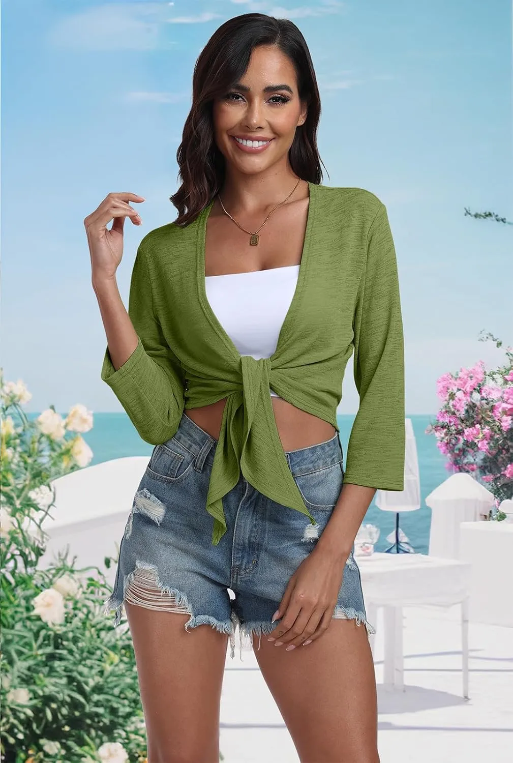 PrinStory Women's Tie Front Shrug 3/4 Sleeve Bolero Cardigan Lightweight Summer Casual Short Shawl Top