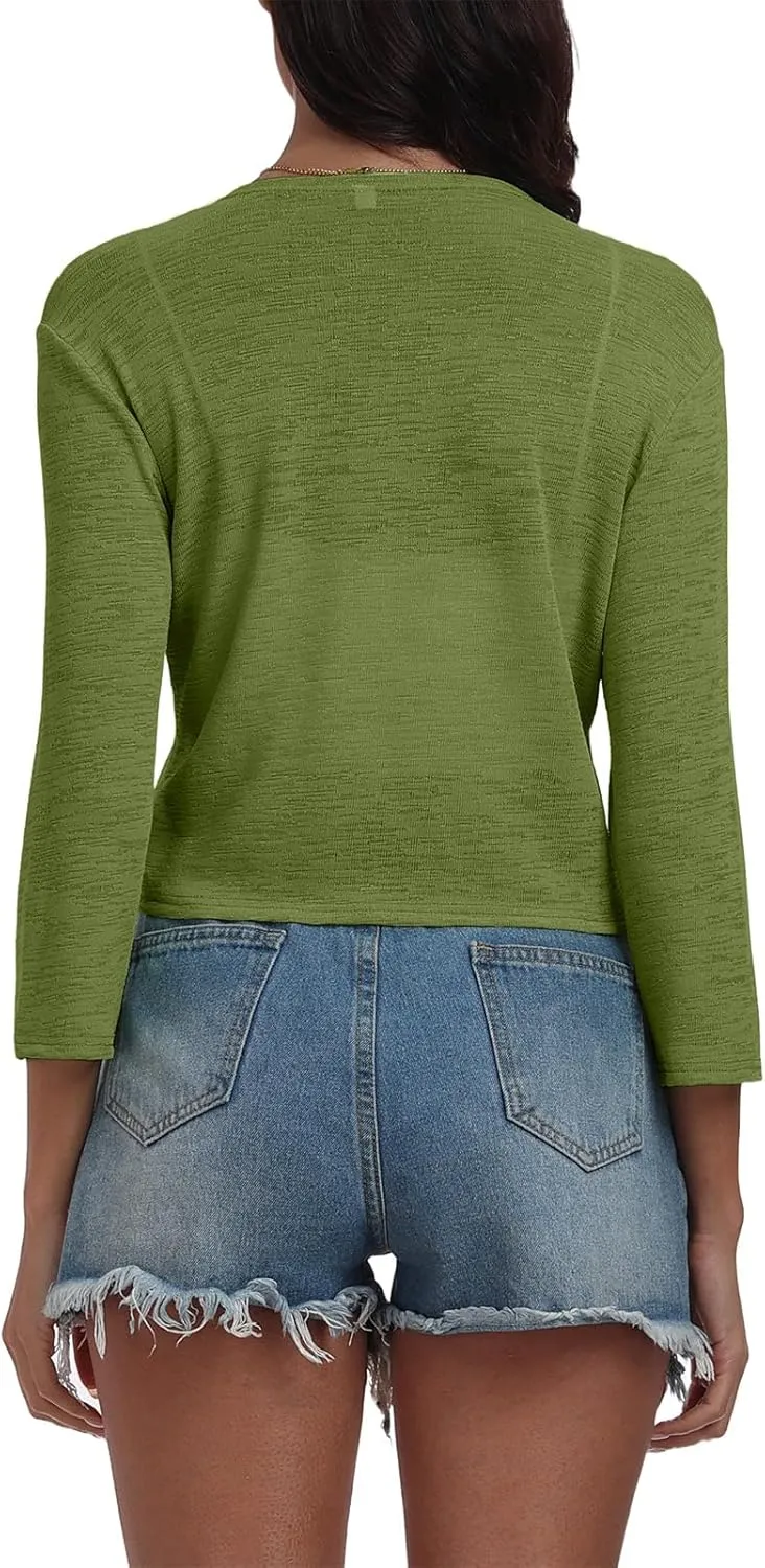 PrinStory Women's Tie Front Shrug 3/4 Sleeve Bolero Cardigan Lightweight Summer Casual Short Shawl Top