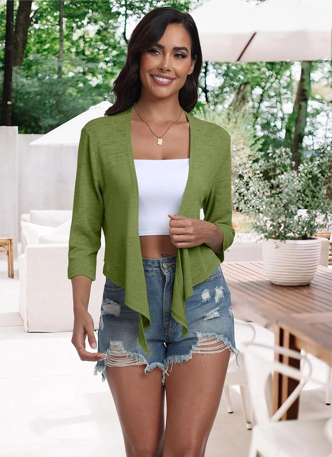 PrinStory Women's Tie Front Shrug 3/4 Sleeve Bolero Cardigan Lightweight Summer Casual Short Shawl Top