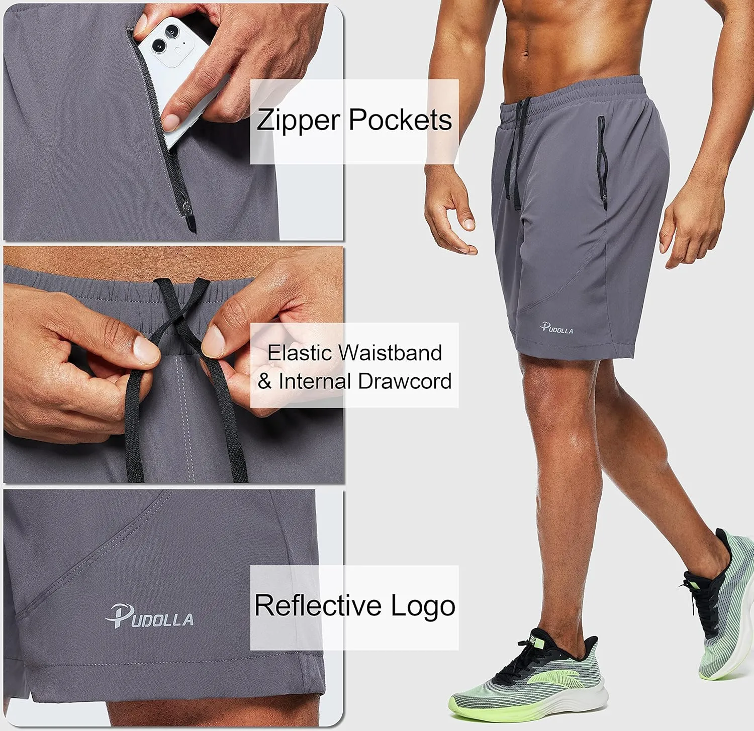 Pudolla Men's Workout Running Shorts 7"/5"/9" Lightweight Gym Athletic Shorts for Men with Zipper Pockets