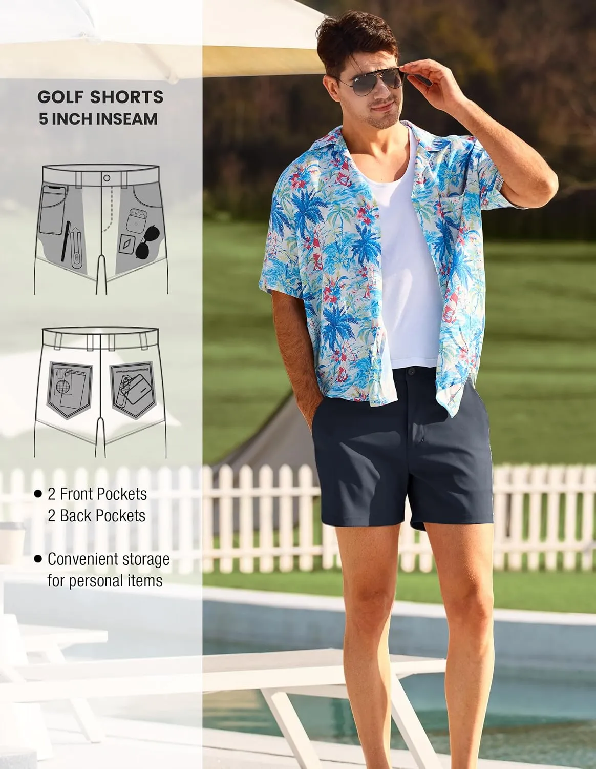 PULI Golf Shorts Men 5 Inch Inseam Stretch Casual Dress Shorts with Pockets Waterproof Lightweight Quick Dry