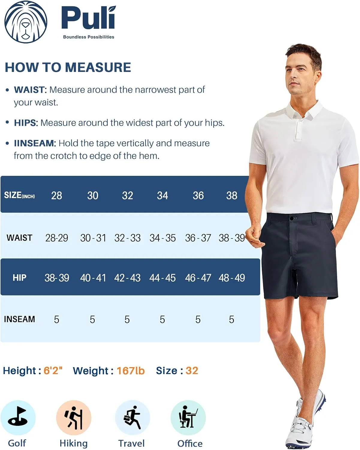 PULI Golf Shorts Men 5 Inch Inseam Stretch Casual Dress Shorts with Pockets Waterproof Lightweight Quick Dry