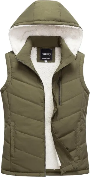 Pursky Women's Winter Vest Sherpa Fleece Lined Puffer Vest Warm Lightweight Sleeveless Jackets With Removable Hood
