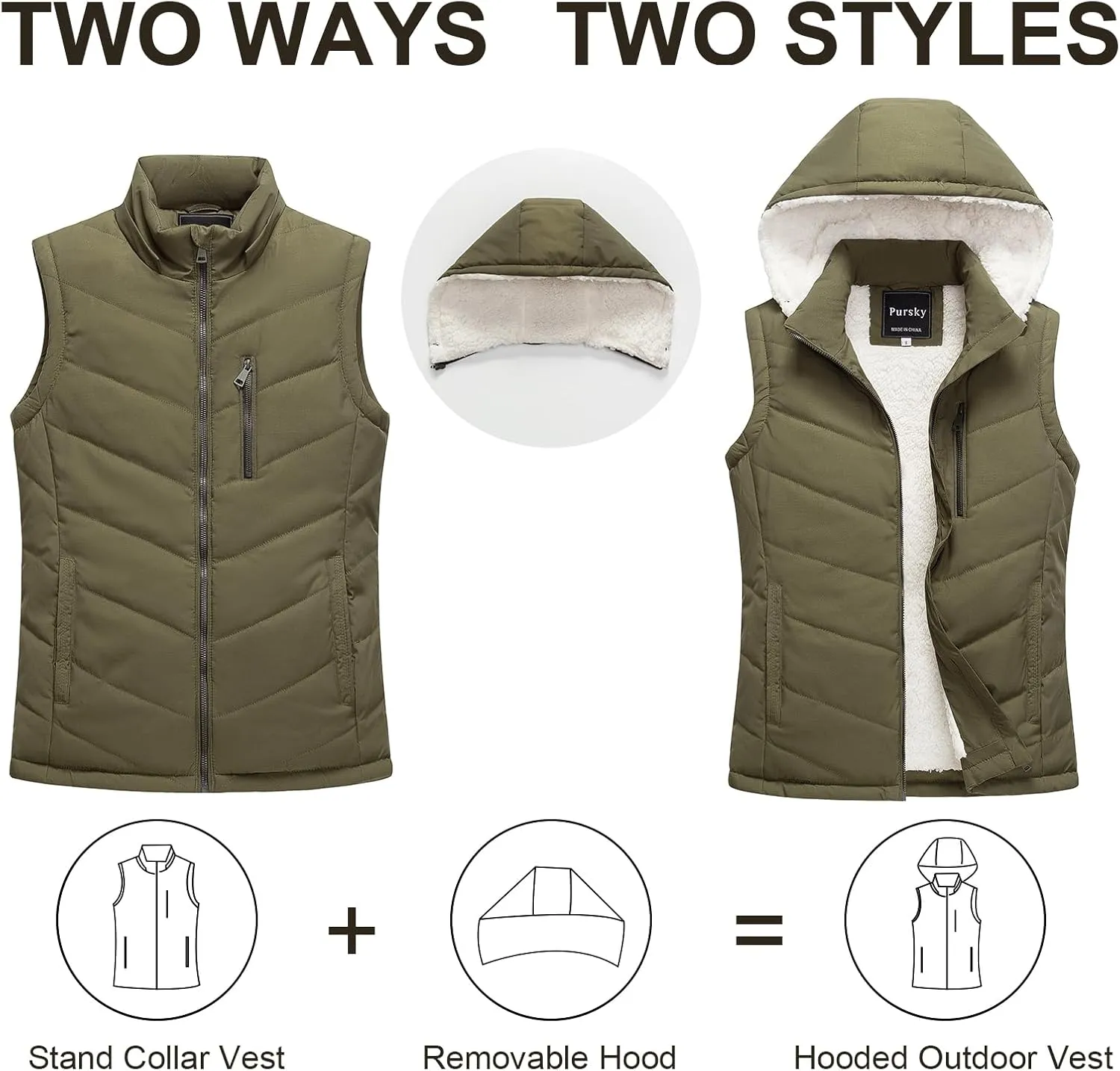 Pursky Women's Winter Vest Sherpa Fleece Lined Puffer Vest Warm Lightweight Sleeveless Jackets With Removable Hood