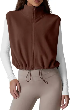QINSEN Women's Full Zip Fleece Short Jacket Vest Warm Winter Sleeveless Stand Collar Sherpa Crop Coat