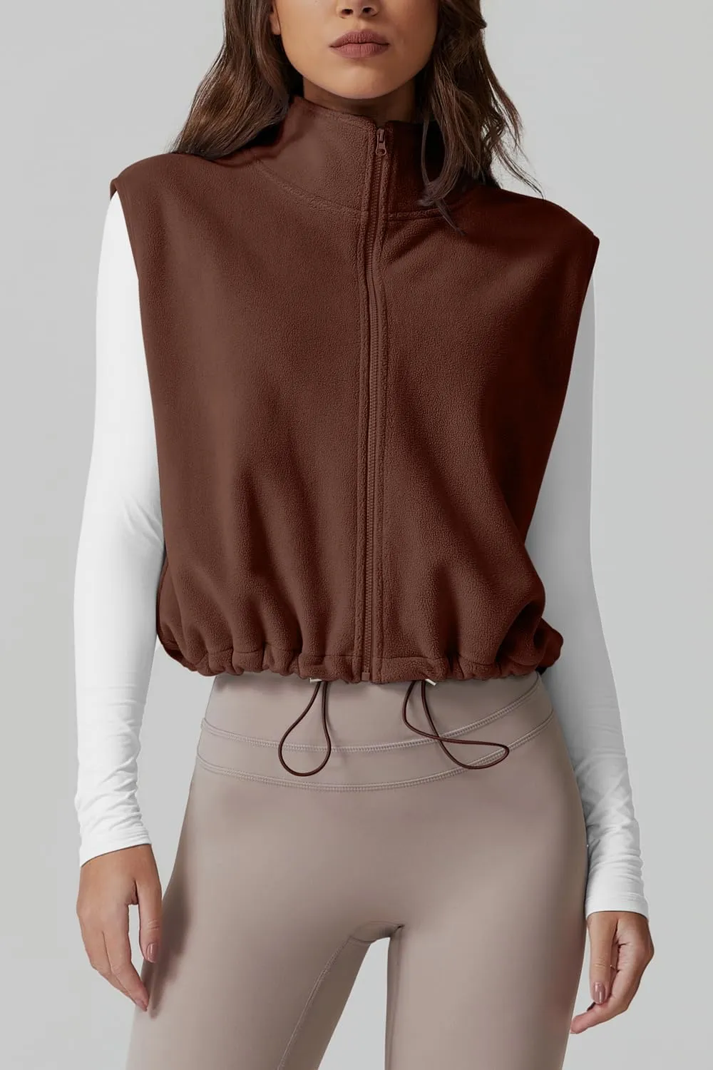 QINSEN Women's Full Zip Fleece Short Jacket Vest Warm Winter Sleeveless Stand Collar Sherpa Crop Coat