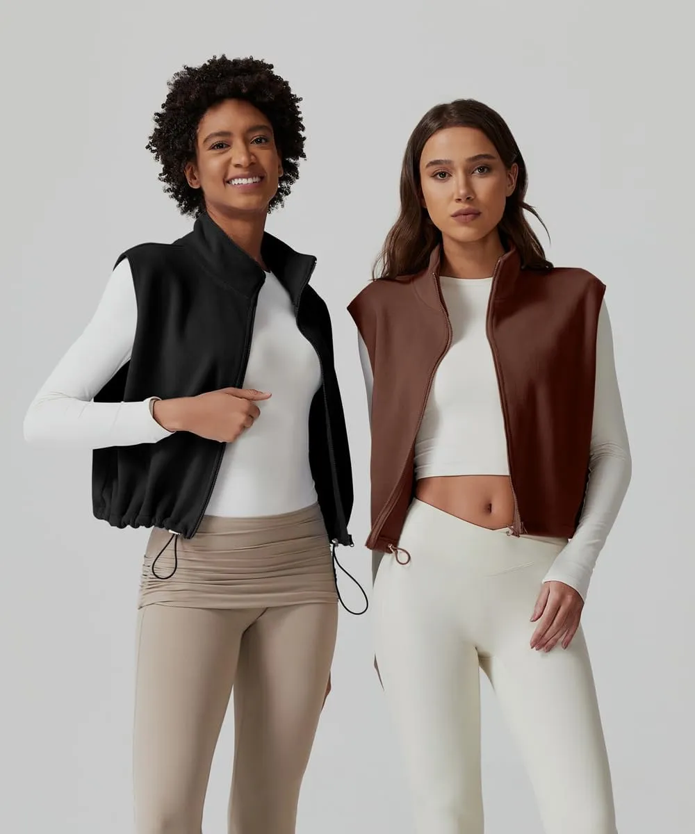 QINSEN Women's Full Zip Fleece Short Jacket Vest Warm Winter Sleeveless Stand Collar Sherpa Crop Coat