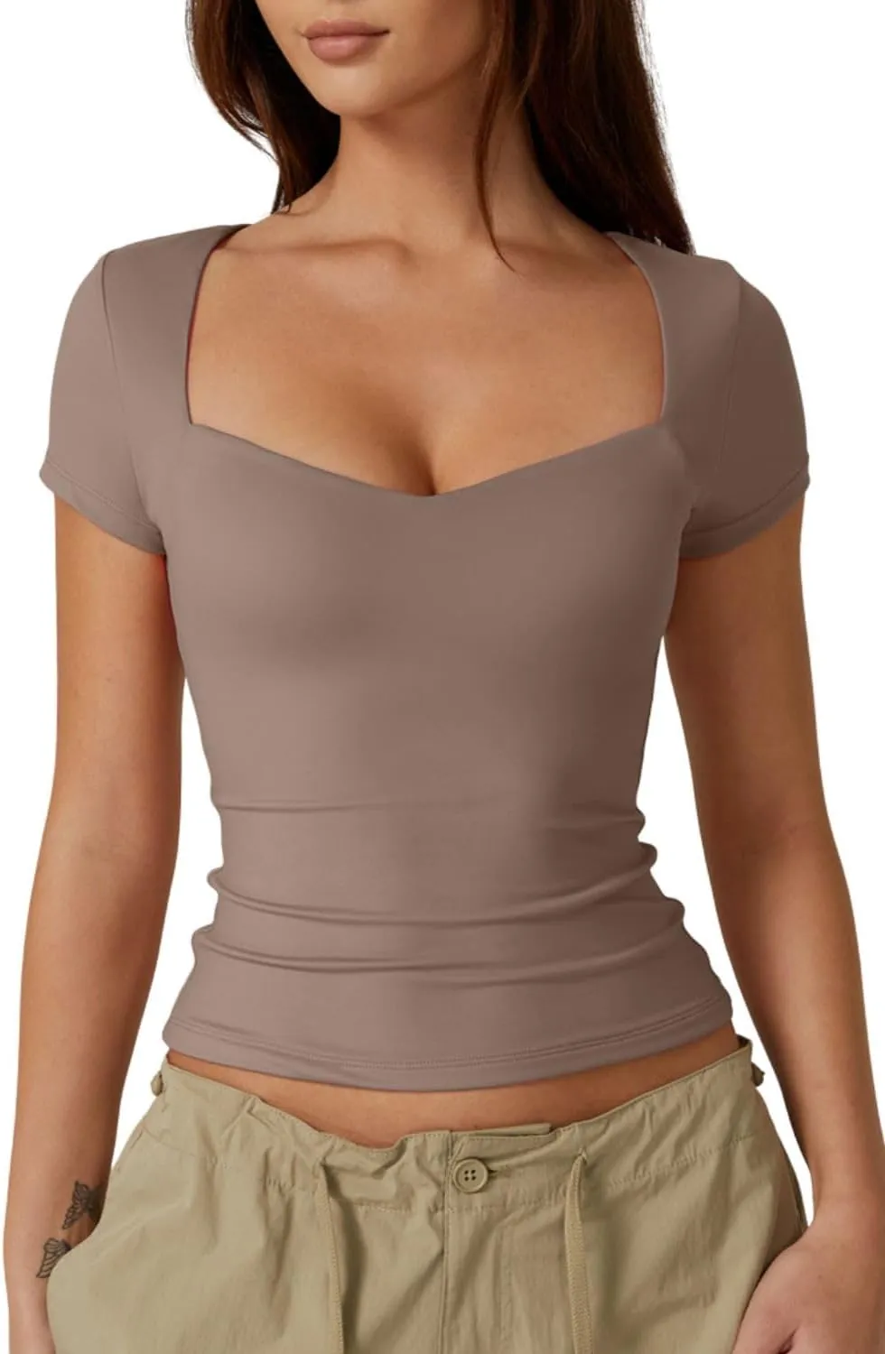 QINSEN Womens Sweetheart Neck Short Sleeve T Shirts Slim Fit Basic Tee Trendy Crop Top