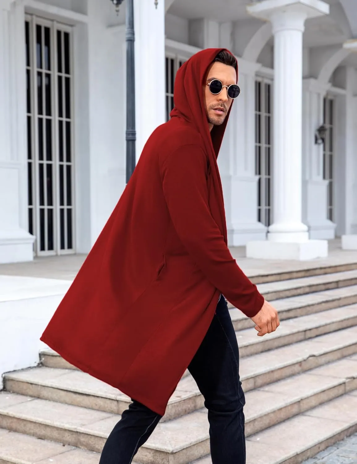 RAGEMALL Mens Long Cardigan Open Front Draped Lightweight Hooded Sweater with Pockets