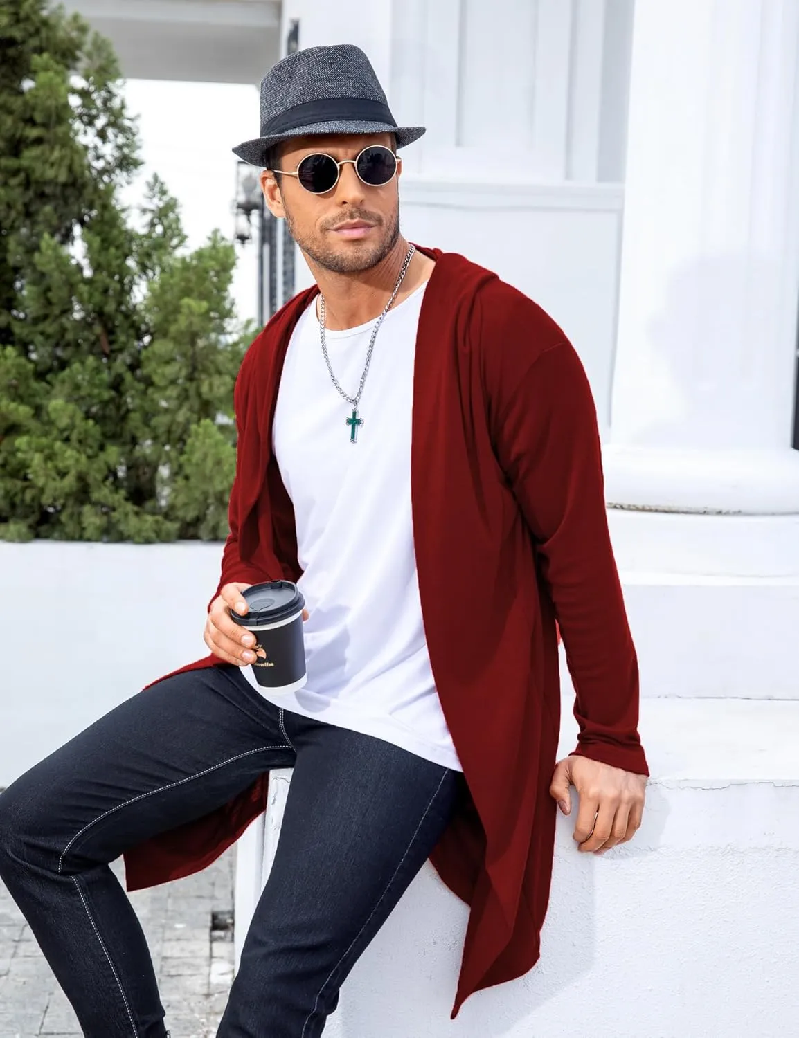 RAGEMALL Mens Long Cardigan Open Front Draped Lightweight Hooded Sweater with Pockets