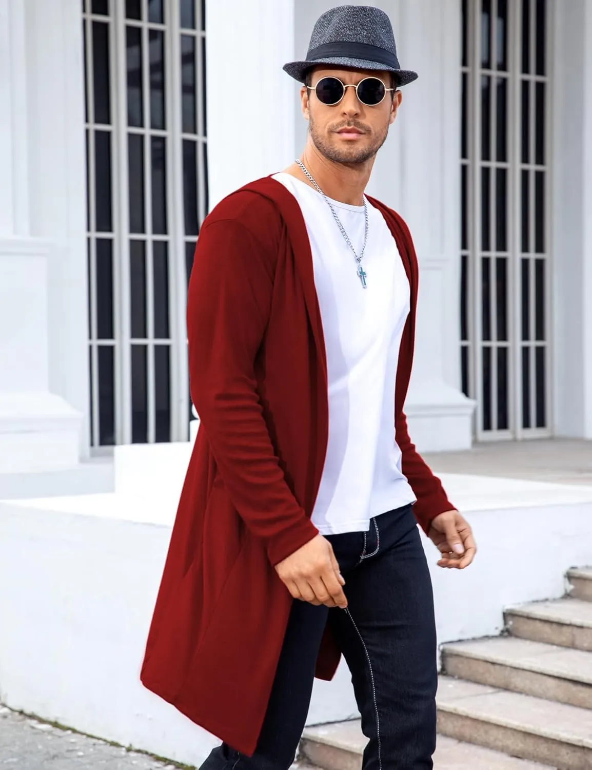 RAGEMALL Mens Long Cardigan Open Front Draped Lightweight Hooded Sweater with Pockets
