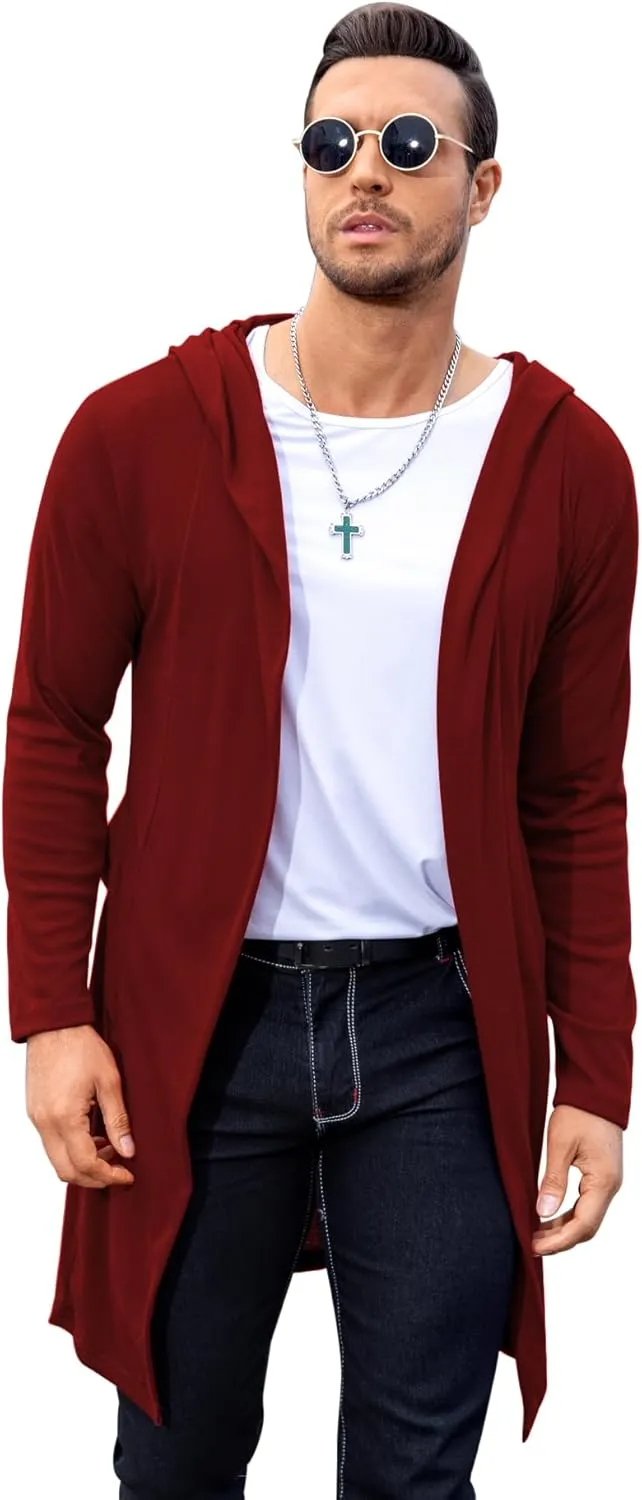 RAGEMALL Mens Long Cardigan Open Front Draped Lightweight Hooded Sweater with Pockets