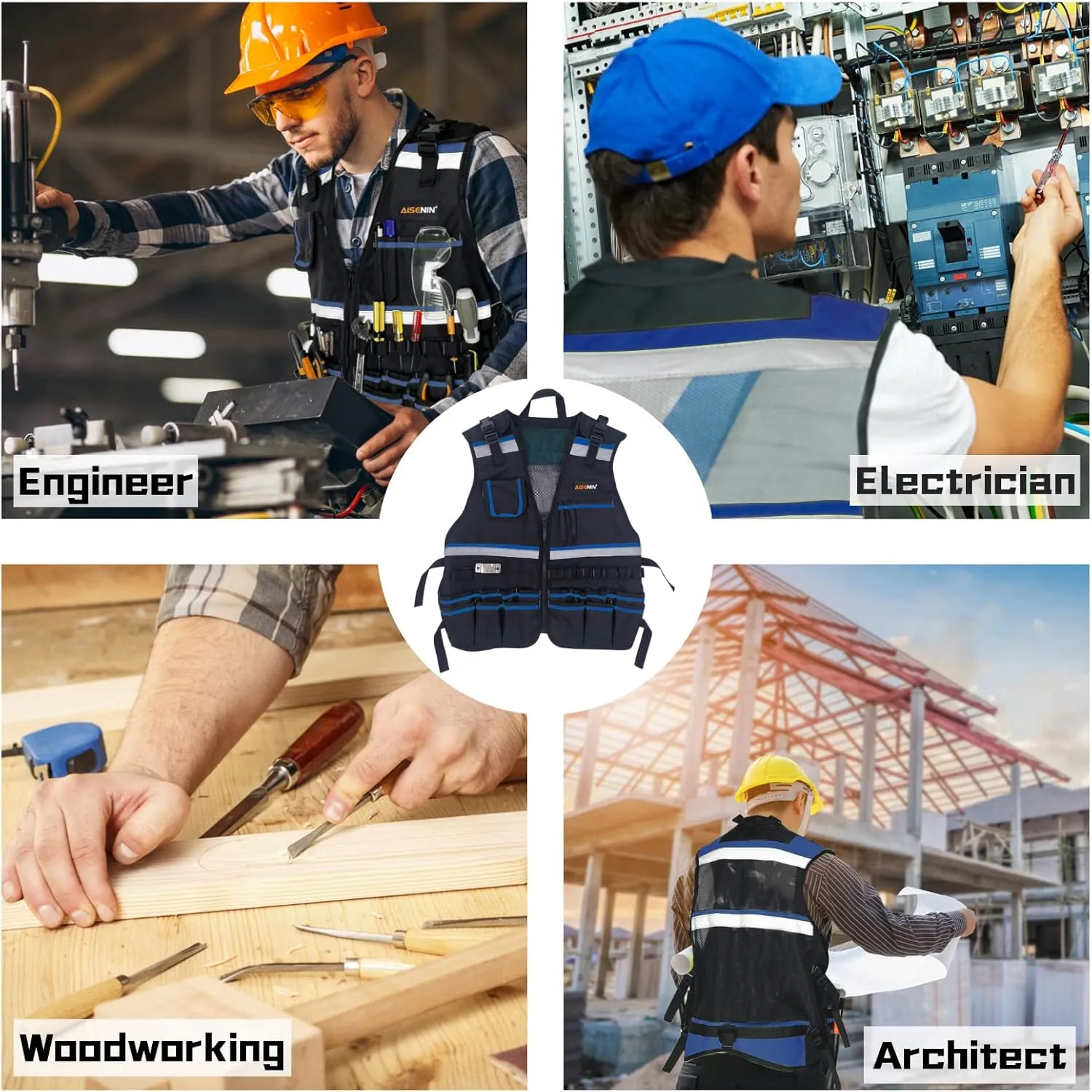 Reflective Safety Tool Vest with Multi-pockets and Zipper,Heavy Duty Tool Vest for Electricians Carpenter