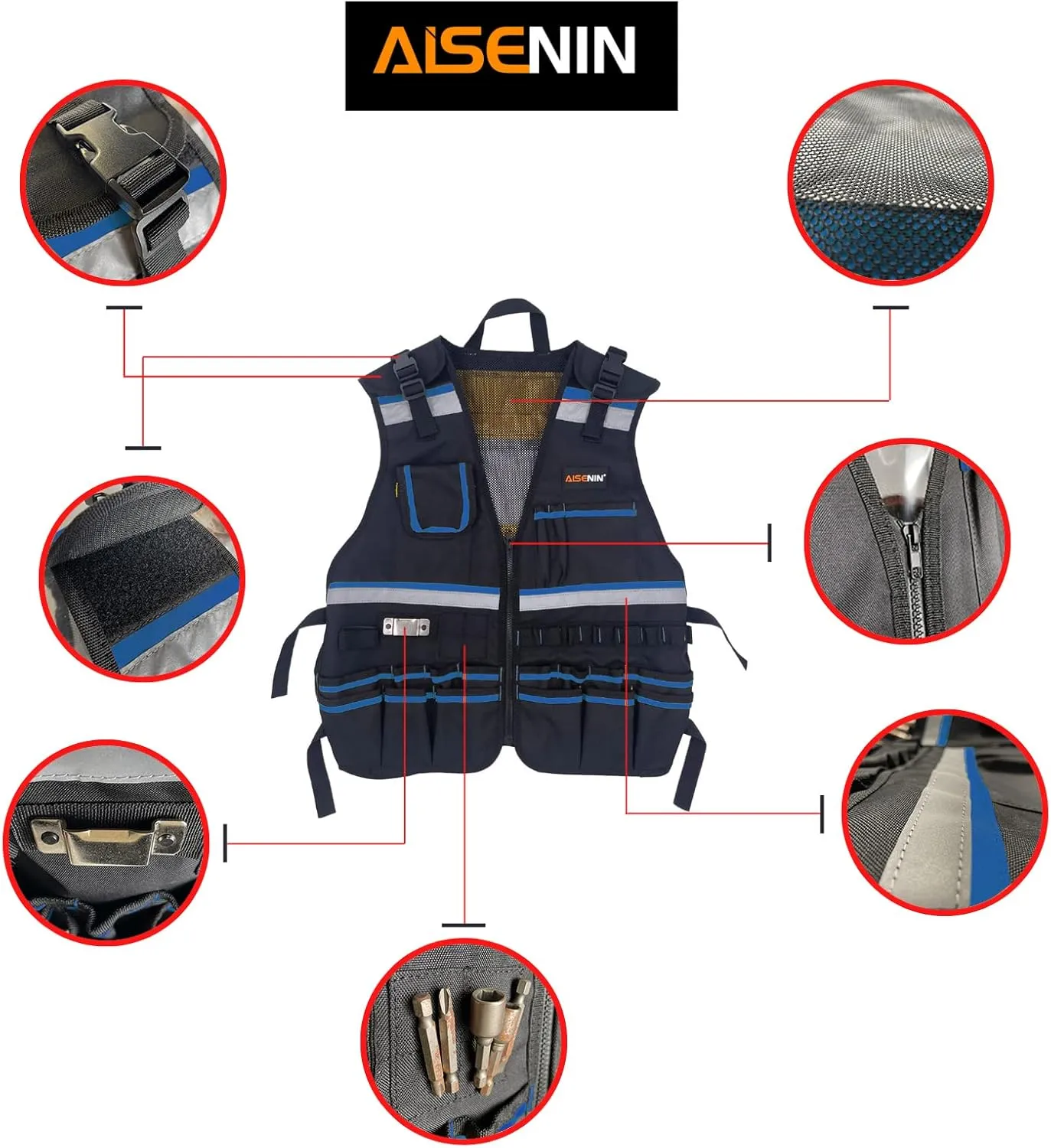 Reflective Safety Tool Vest with Multi-pockets and Zipper,Heavy Duty Tool Vest for Electricians Carpenter