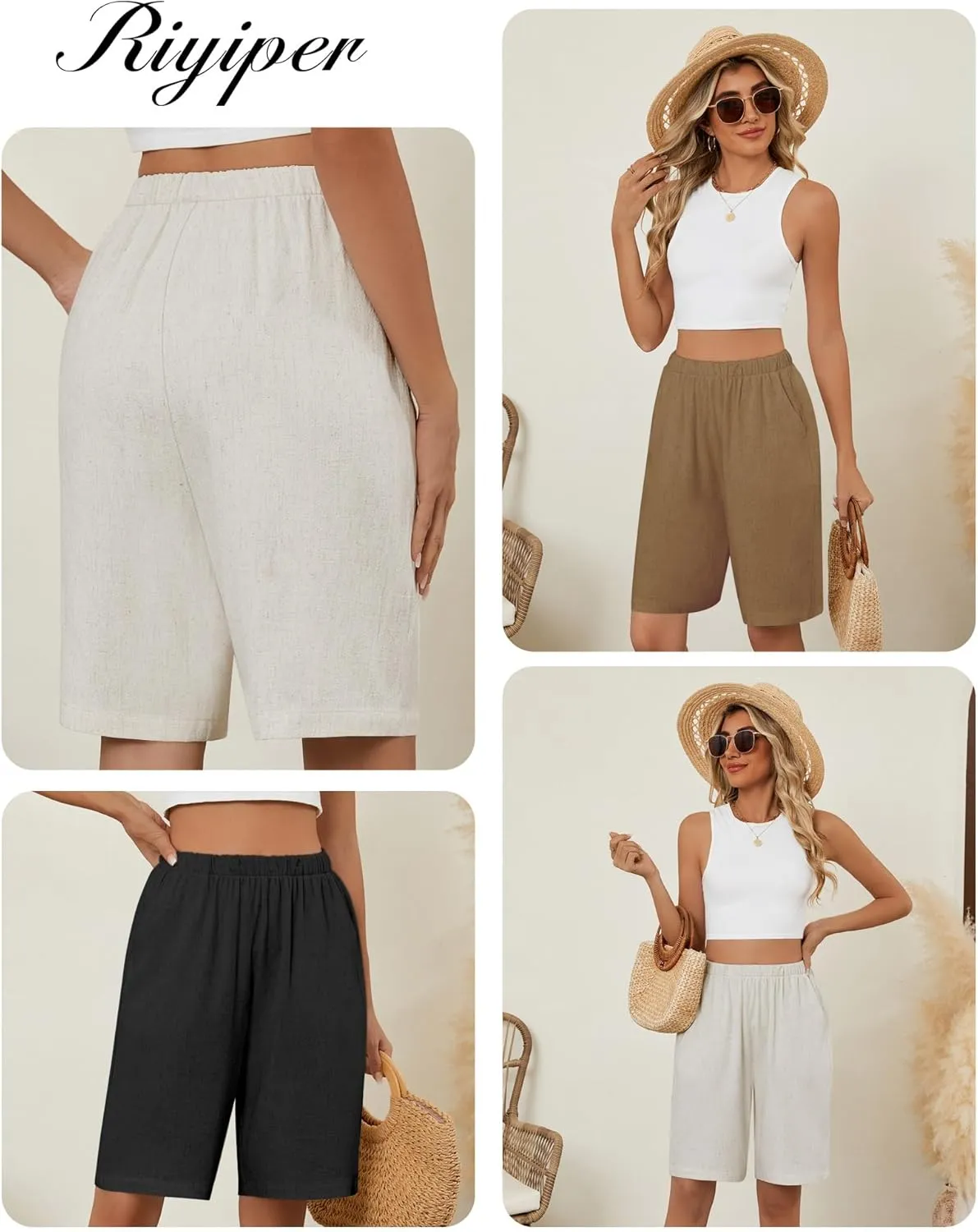Riyiper 3 Pack Women's Linen Shorts Elastic High Waist Bermuda Wide Leg Summer Casual Lounge Short with Pockets