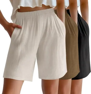 Riyiper 3 Pack Women's Linen Shorts Elastic High Waist Bermuda Wide Leg Summer Casual Lounge Short with Pockets