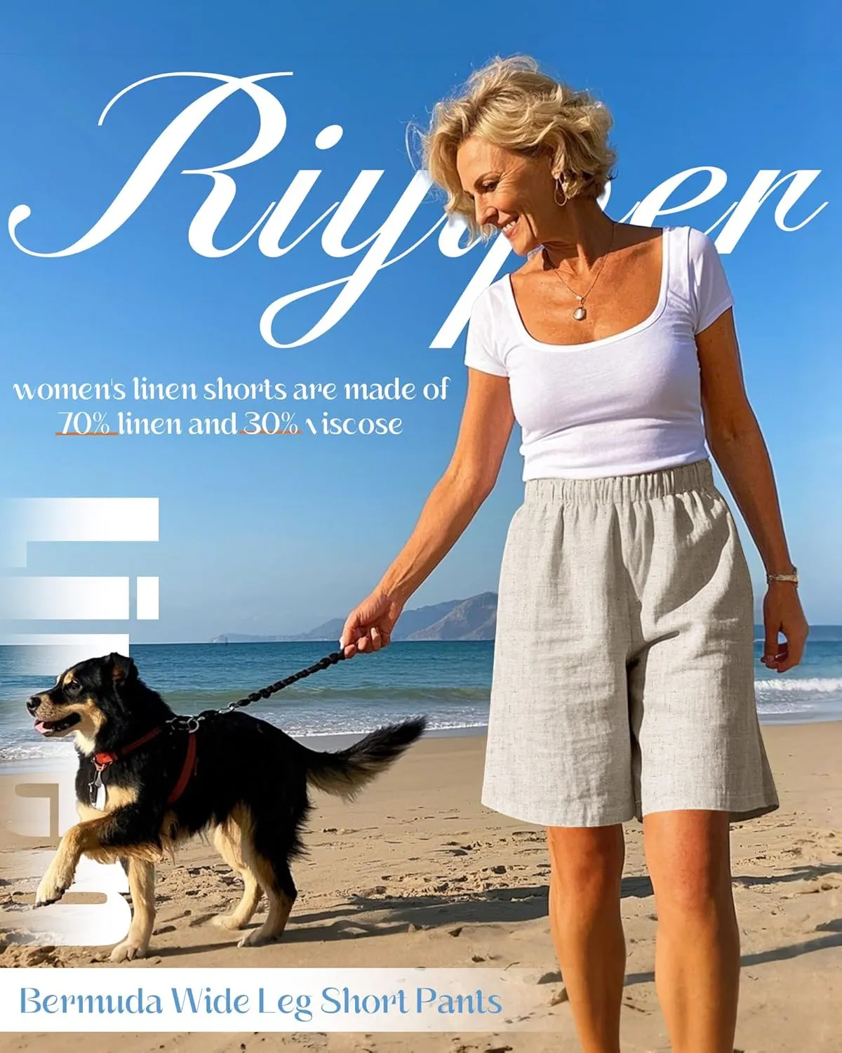 Riyiper 3 Pack Women's Linen Shorts Elastic High Waist Bermuda Wide Leg Summer Casual Lounge Short with Pockets