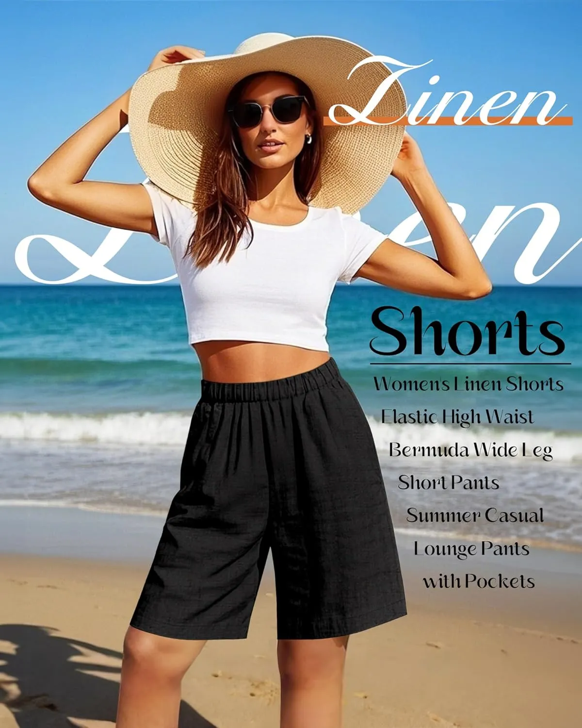 Riyiper 3 Pack Women's Linen Shorts Elastic High Waist Bermuda Wide Leg Summer Casual Lounge Short with Pockets