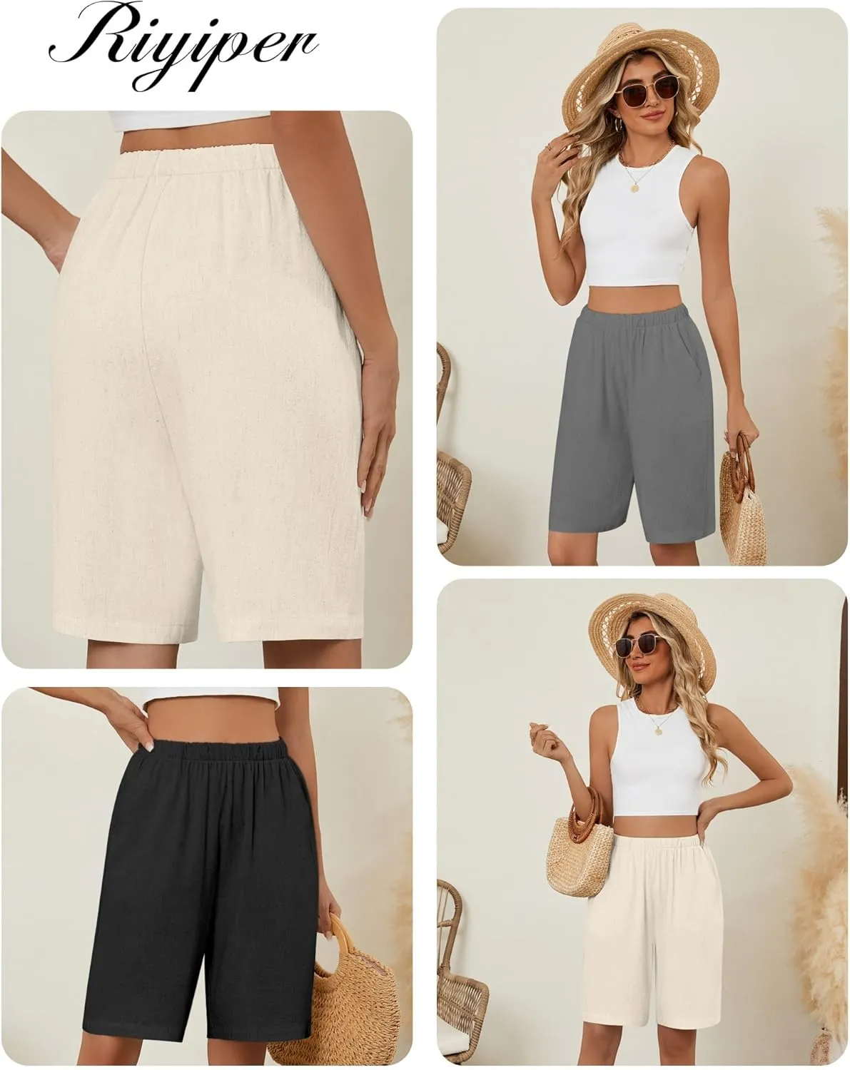 Riyiper 3 Pack Women's Linen Shorts Elastic High Waist Bermuda Wide Leg Summer Casual Lounge Short with Pockets