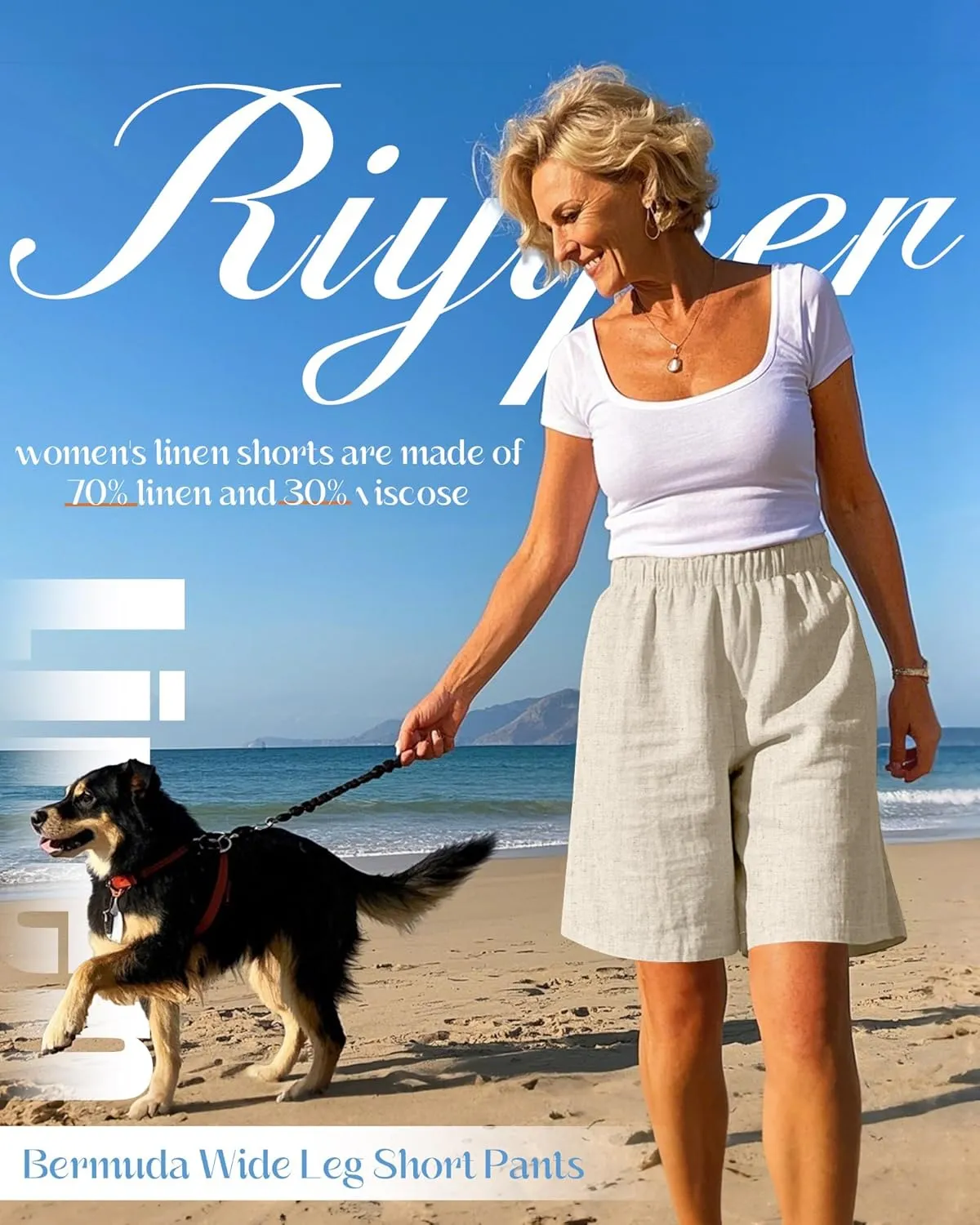 Riyiper 3 Pack Women's Linen Shorts Elastic High Waist Bermuda Wide Leg Summer Casual Lounge Short with Pockets