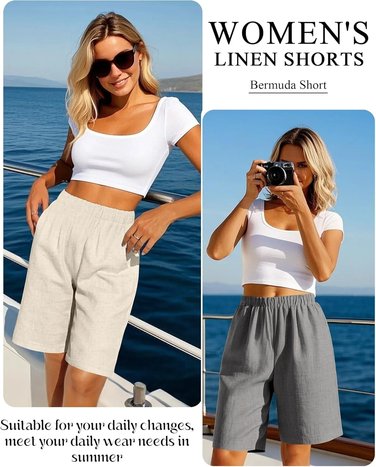 Riyiper 3 Pack Women's Linen Shorts Elastic High Waist Bermuda Wide Leg Summer Casual Lounge Short with Pockets