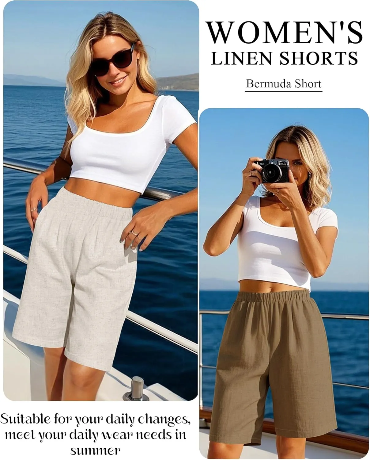 Riyiper 3 Pack Women's Linen Shorts Elastic High Waist Bermuda Wide Leg Summer Casual Lounge Short with Pockets