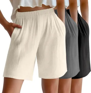 Riyiper 3 Pack Women's Linen Shorts Elastic High Waist Bermuda Wide Leg Summer Casual Lounge Short with Pockets