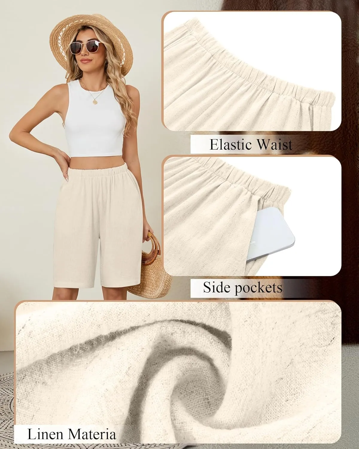 Riyiper 3 Pack Women's Linen Shorts Elastic High Waist Bermuda Wide Leg Summer Casual Lounge Short with Pockets