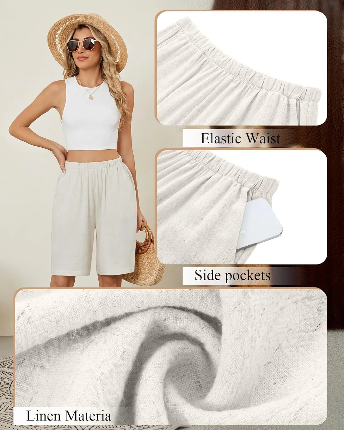 Riyiper 3 Pack Women's Linen Shorts Elastic High Waist Bermuda Wide Leg Summer Casual Lounge Short with Pockets